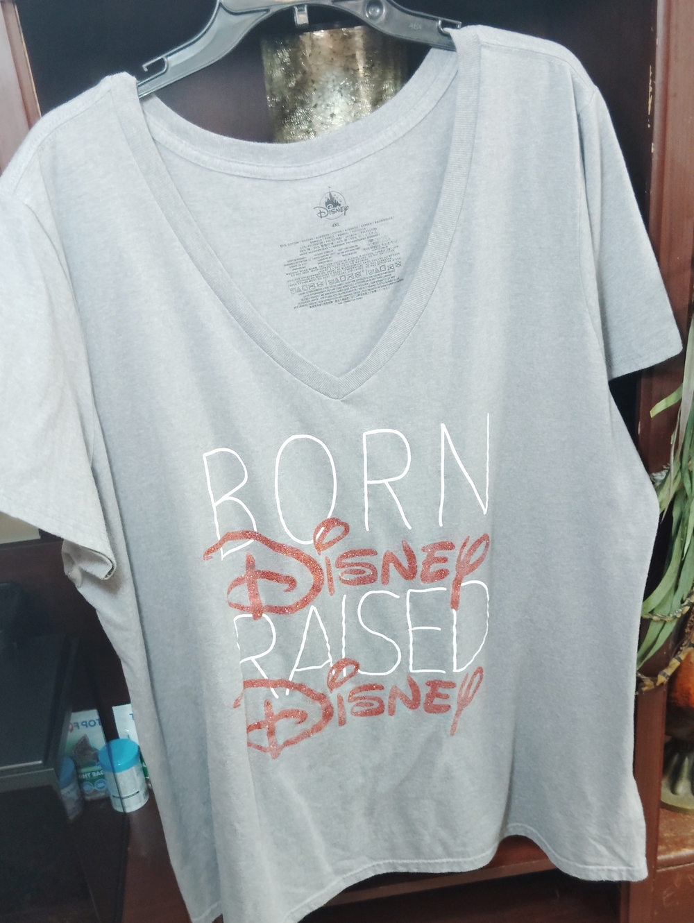 Disney Gray V-Neck Tee with Glittery Red Script